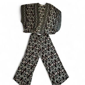 Max Studio Floral Multicolor AOP 2 Piece Kimono Cardigan Wide Leg Pants Womens S
